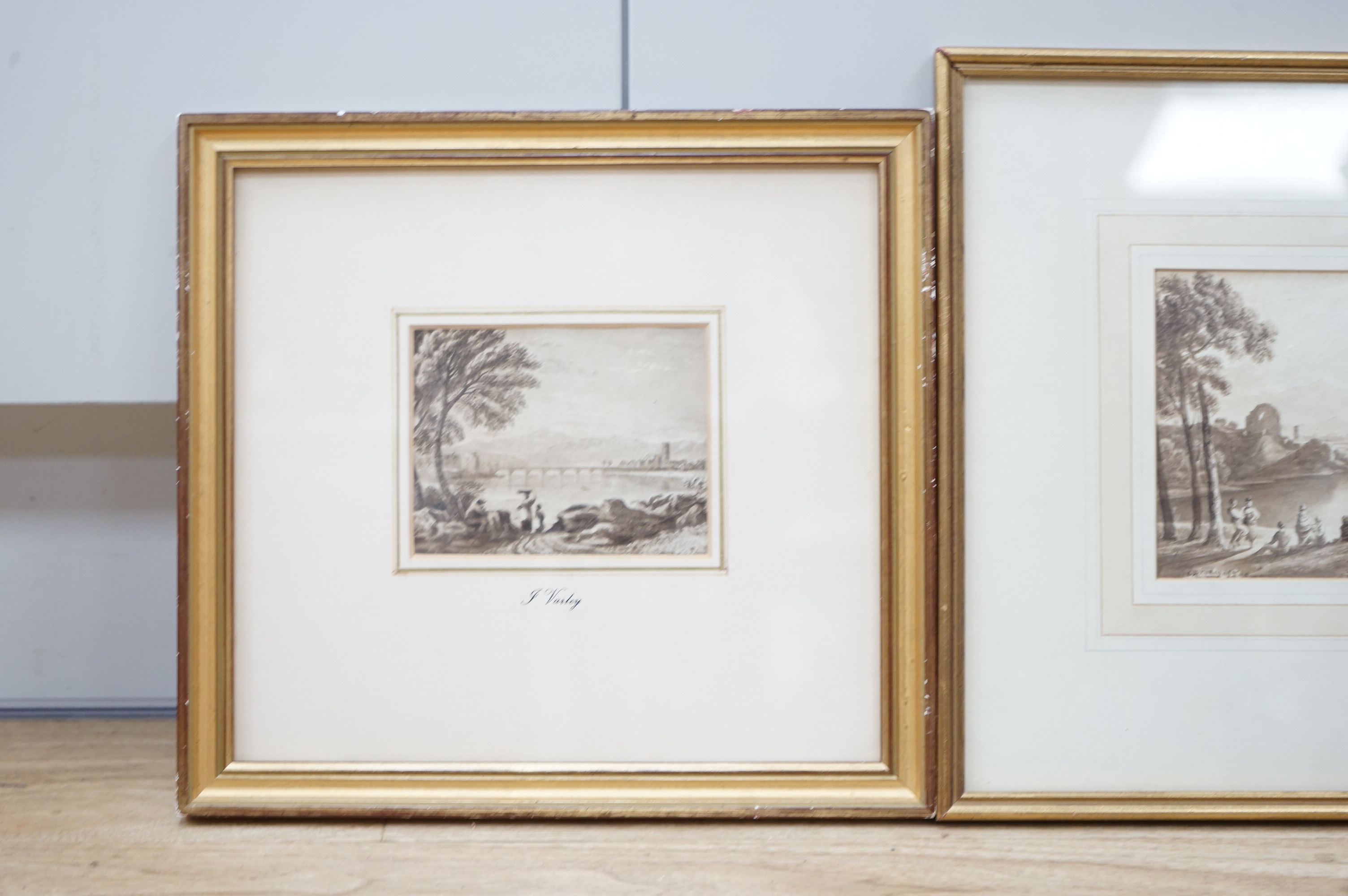 Three 19th century monochrome watercolours to include one attributed to John Varley (1778-1842), landscapes, largest 11 x 17cm